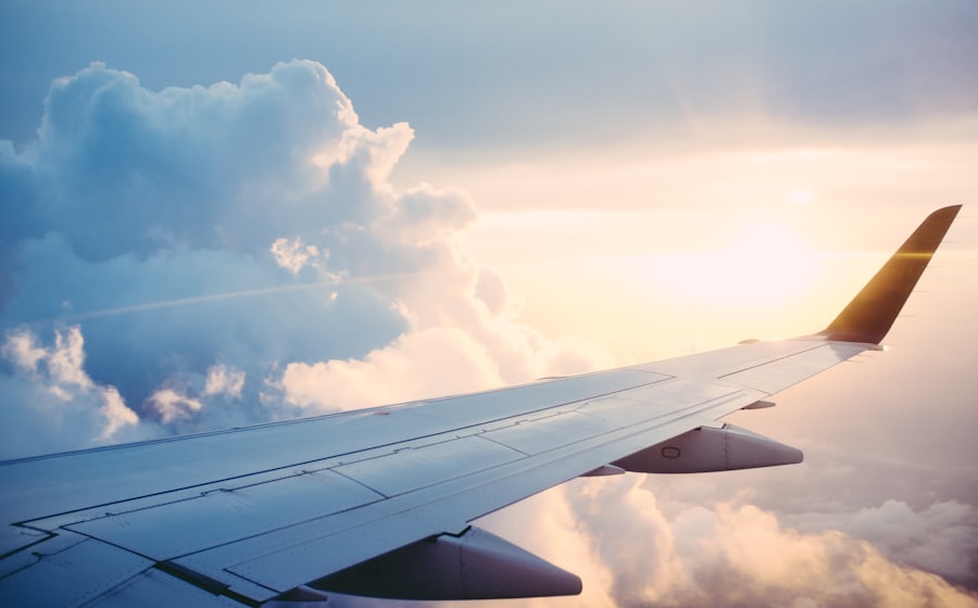 Airplane wing in flight — international air cargo